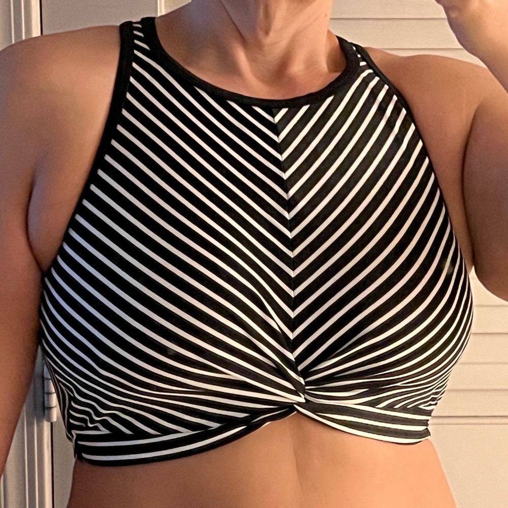 High Neck Twist Front Bikini Top Black & White Stripes w/ Bra Support Sz Large